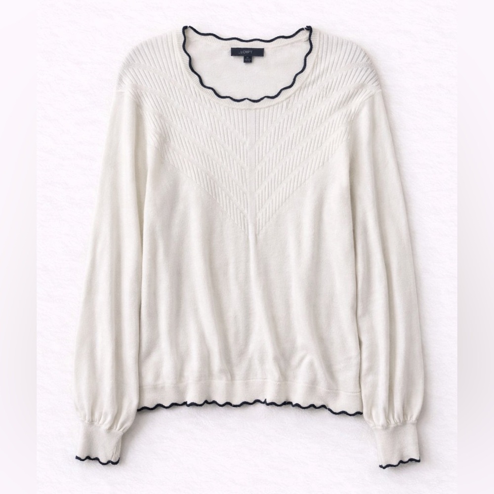 Adrianna Papell Scallop Trim Sweater XL Ivory Black Puff Sleeve Contrast Knit